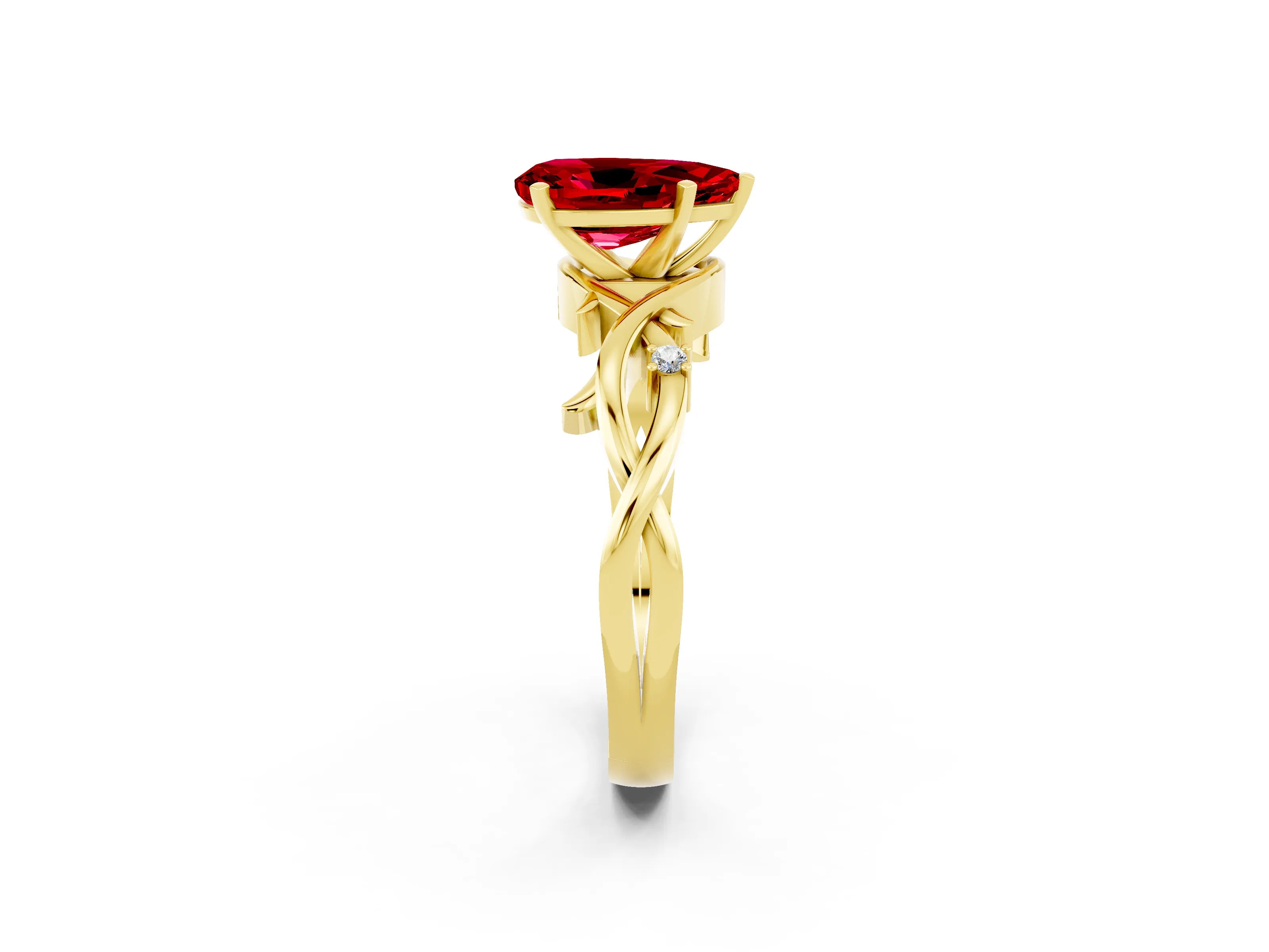 Yellow gold Pear Cut Ruby Solitaire Ring with Twisted Band and Prong Setting_2