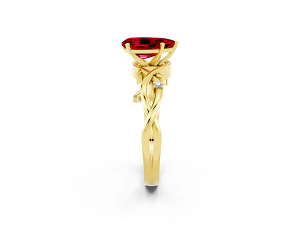 Yellow gold Pear Cut Ruby Solitaire Ring with Twisted Band and Prong Setting