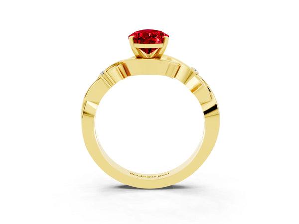 Yellow gold Pear Cut Ruby Solitaire Ring with Twisted Band and Prong Setting
