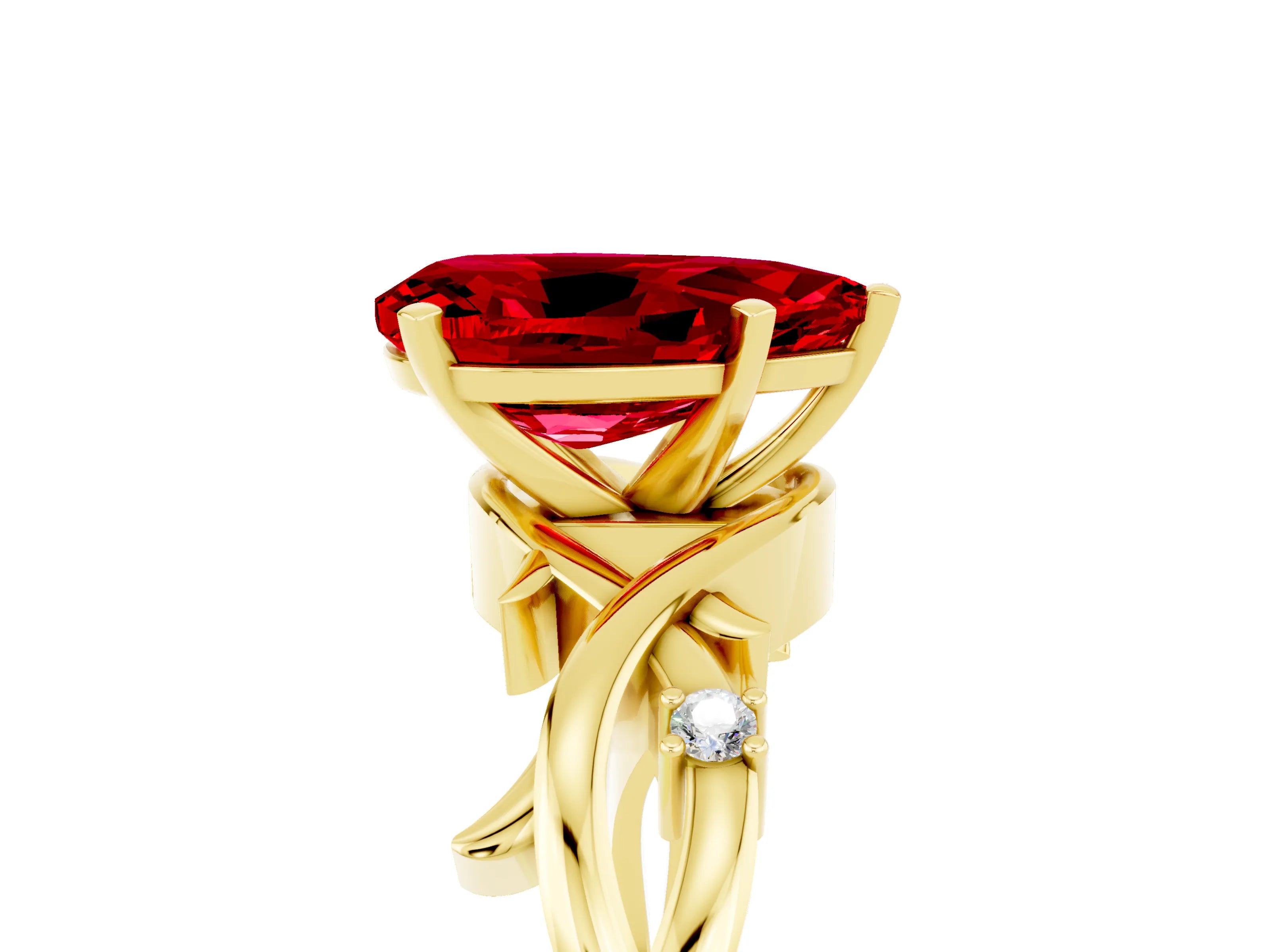 Yellow gold Pear Cut Ruby Solitaire Ring with Twisted Band and Prong Setting_5