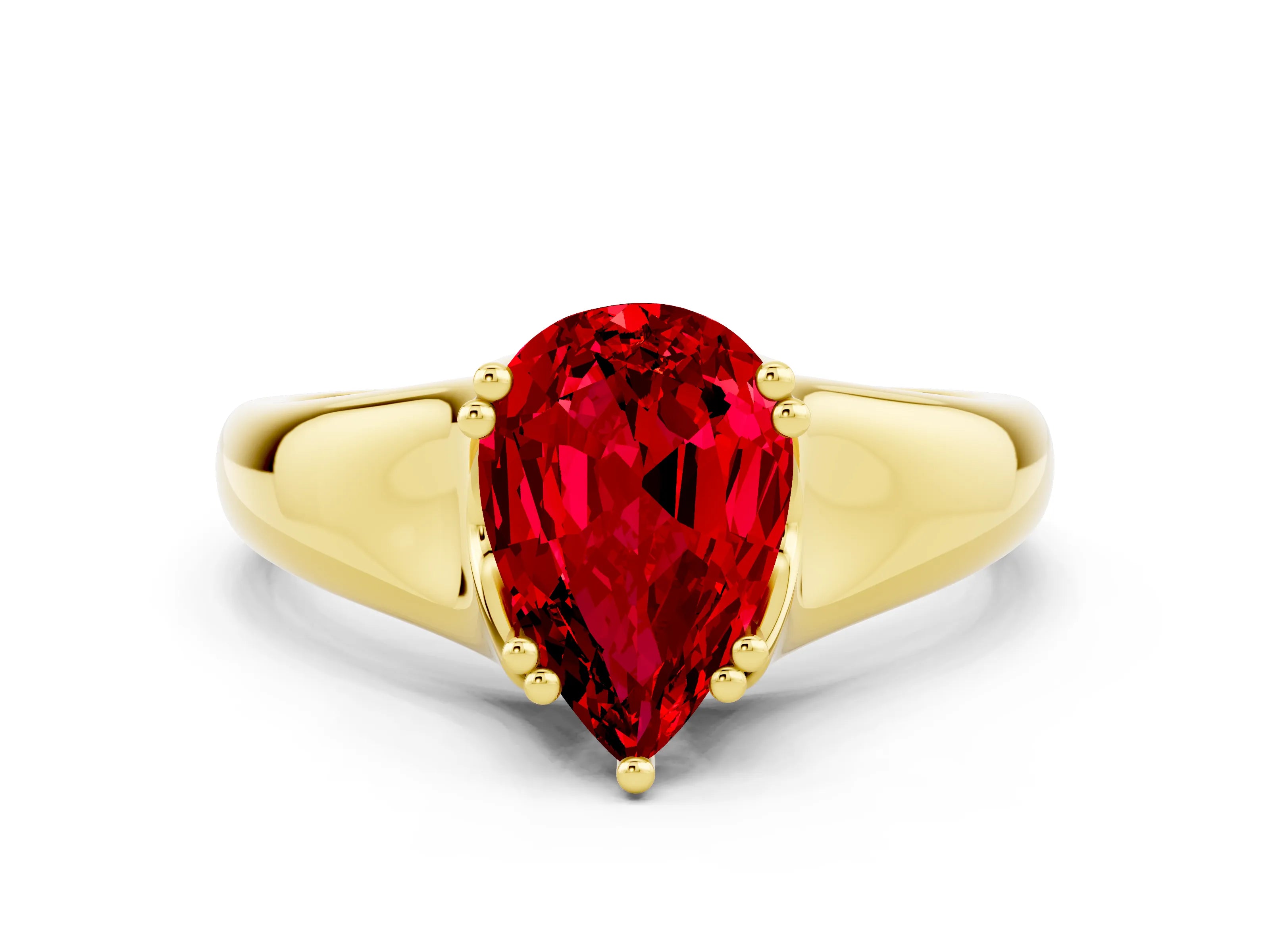 Yellow gold Pear Cut Ruby Solitaire Ring with Wide Band and Prong Setting