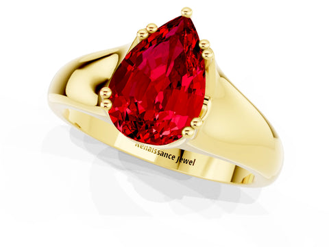 Yellow gold Pear Cut Ruby Solitaire Ring with Wide Band and Prong Setting_1