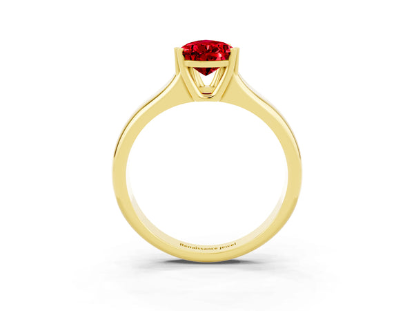 Yellow gold Pear Cut Ruby Solitaire Ring with Wide Band and Prong Setting