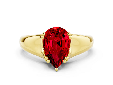 Yellow gold Pear Cut Ruby Solitaire Ring with Wide Band and Prong Setting