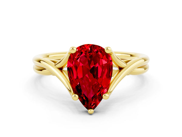 Yellow gold Pear Cut Ruby Solitaire Twist Band Prong Setting Ring
