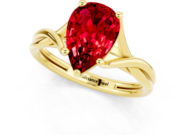 Yellow gold Pear Cut Ruby Solitaire Twist Band Prong Setting Ring