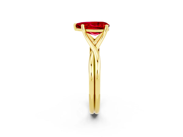 Yellow gold Pear Cut Ruby Solitaire Twist Band Prong Setting Ring