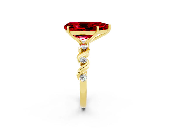 Yellow gold Pear Cut Ruby Solitaire Twisted Band with Round  Accents and Prong Setting