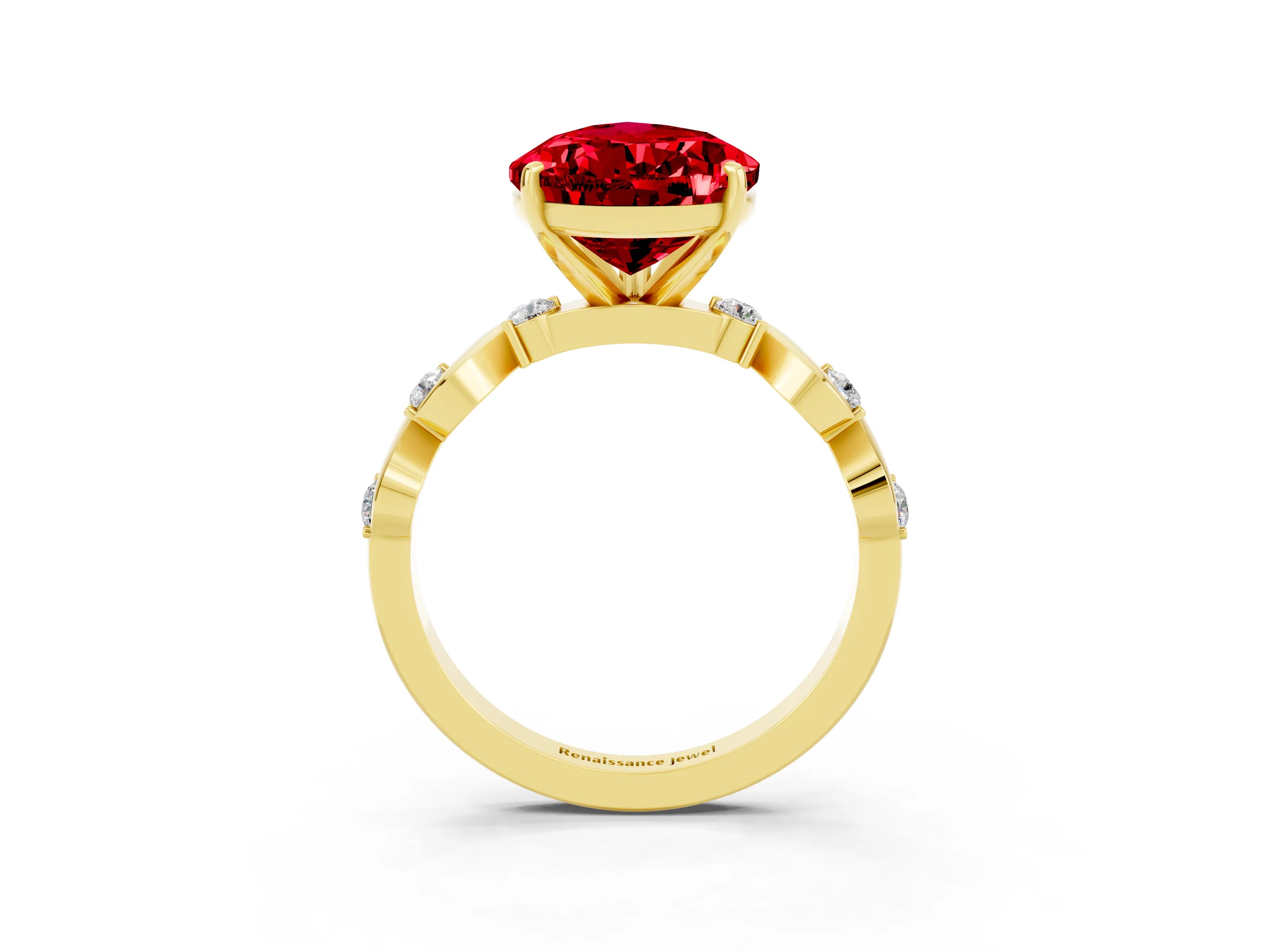 Yellow gold Pear Cut Ruby Solitaire Twisted Band with Round  Accents and Prong Setting_15
