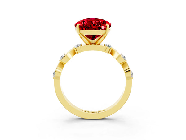 Yellow gold Pear Cut Ruby Solitaire Twisted Band with Round  Accents and Prong Setting