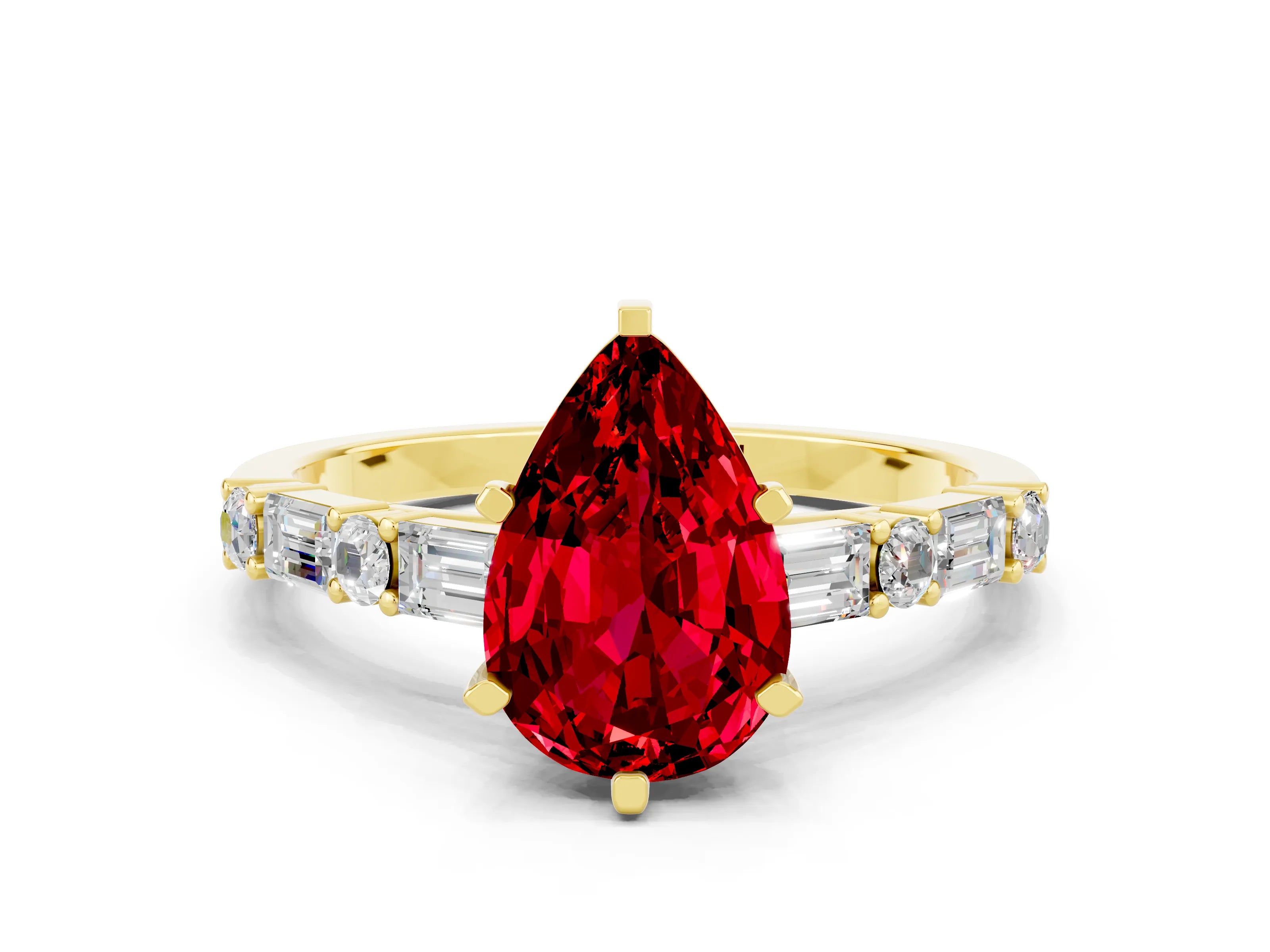 Yellow gold Pear Cut Ruby Solitaire with Side Baguettes and Channel Set Band