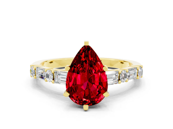 Yellow gold Pear Cut Ruby Solitaire with Side Baguettes and Channel Set Band