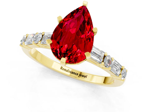Yellow gold Pear Cut Ruby Solitaire with Side Baguettes and Channel Set Band_1