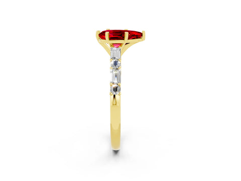 Yellow gold Pear Cut Ruby Solitaire with Side Baguettes and Channel Set Band_2