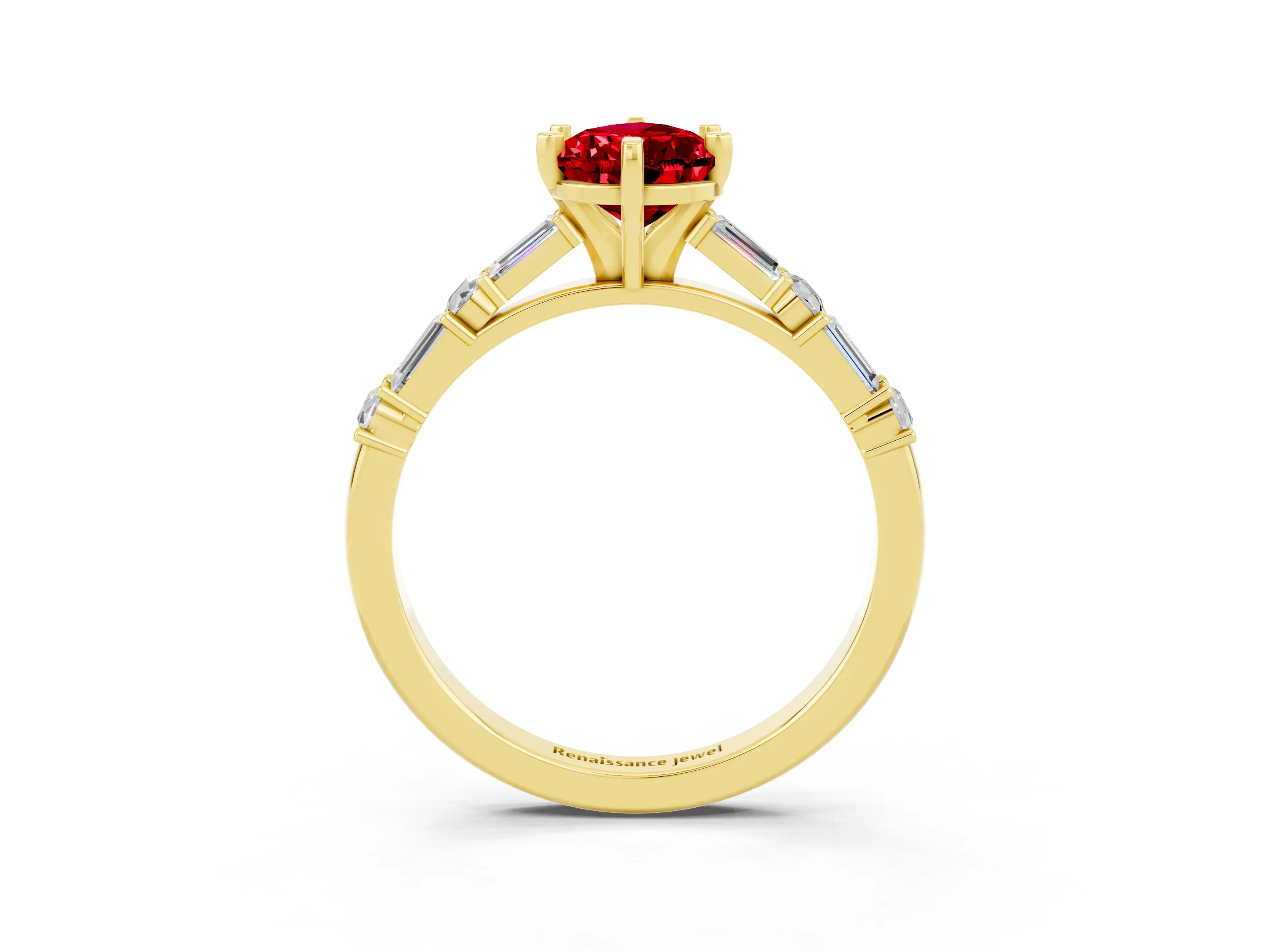 Yellow gold Pear Cut Ruby Solitaire with Side Baguettes and Channel Set Band_3