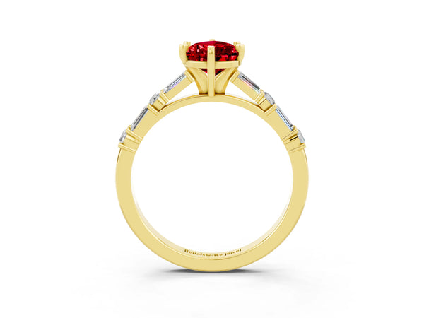 Yellow gold Pear Cut Ruby Solitaire with Side Baguettes and Channel Set Band