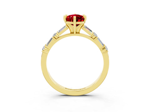 Yellow gold Pear Cut Ruby Solitaire with Side Baguettes and Channel Set Band_3