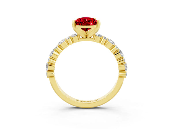 Yellow gold Pear Cut Ruby Side Stone Solitaire Ring with Round  and Four-Prong Setting