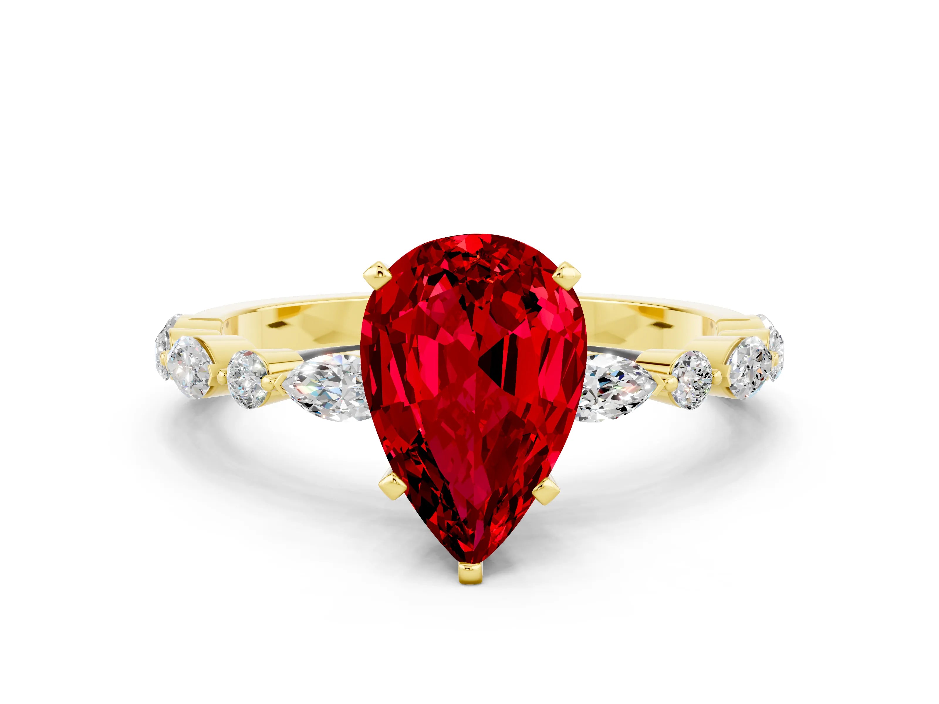 Yellow gold Pear Cut Ruby Solitaire with Side Stones on a Pavé Band and Four-Prong Setting