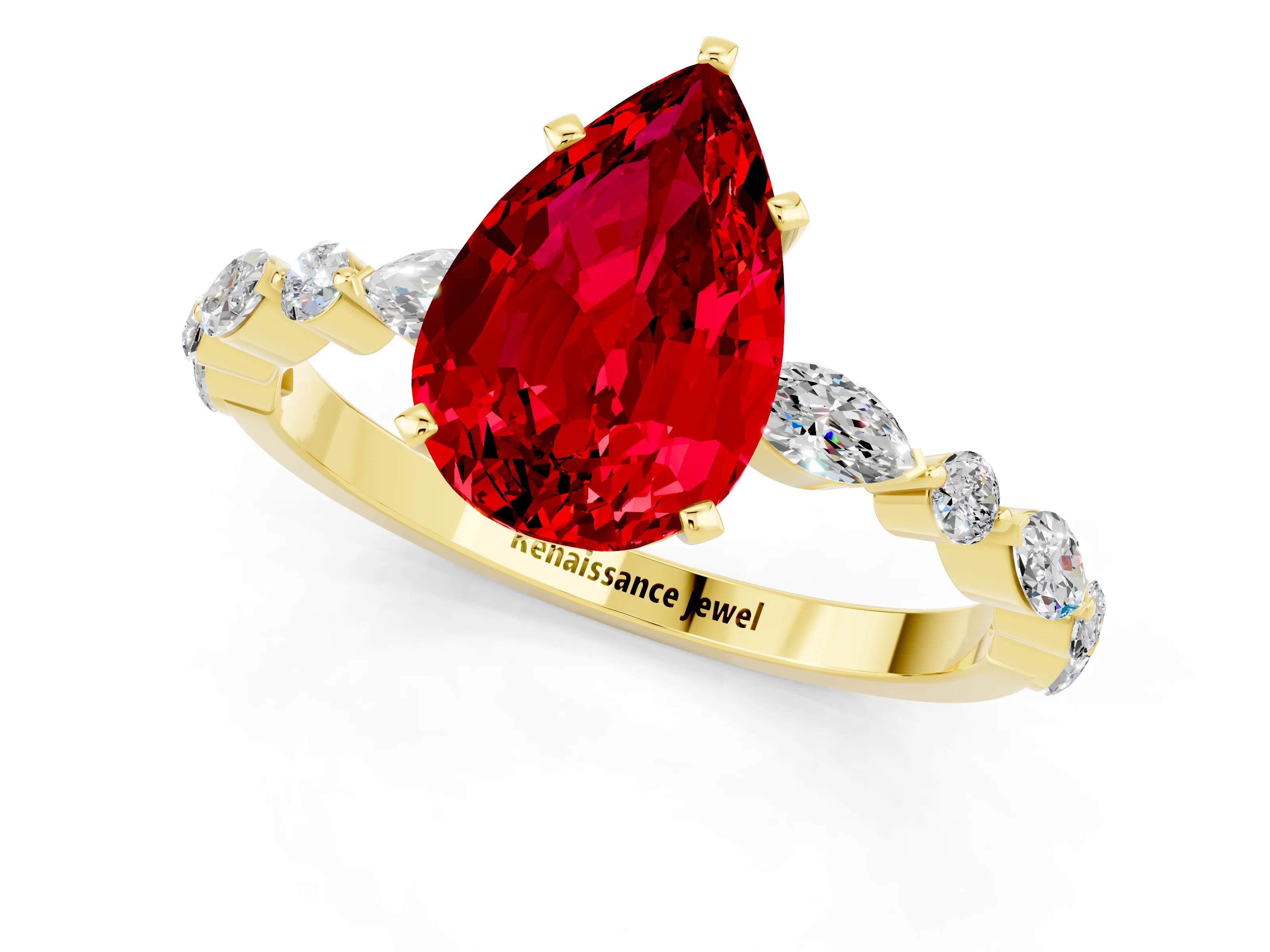 Yellow gold Pear Cut Ruby Solitaire with Side Stones on a Pavé Band and Four-Prong Setting_1