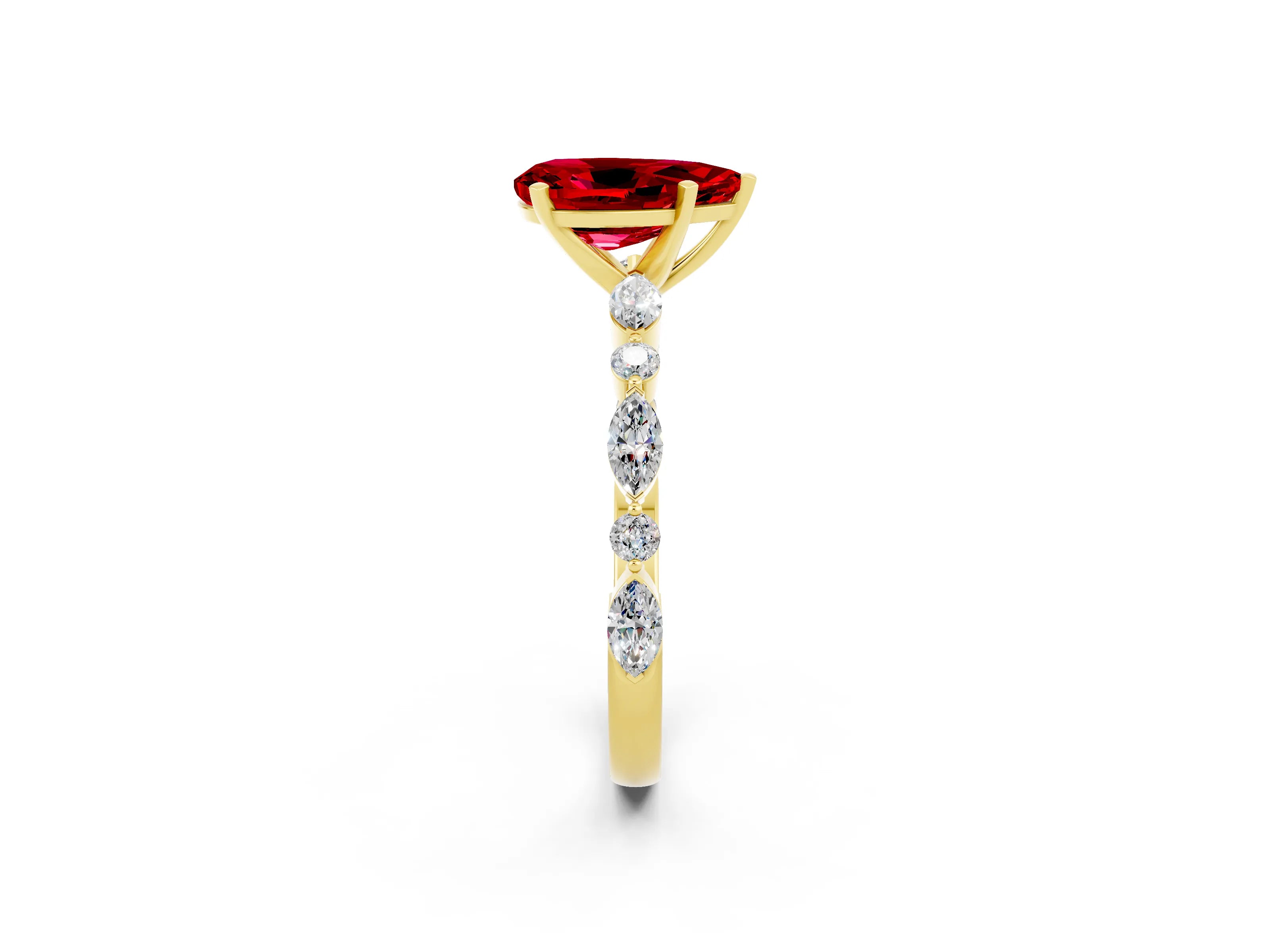 Yellow gold Pear Cut Ruby Solitaire with Side Stones on a Pavé Band and Four-Prong Setting_2