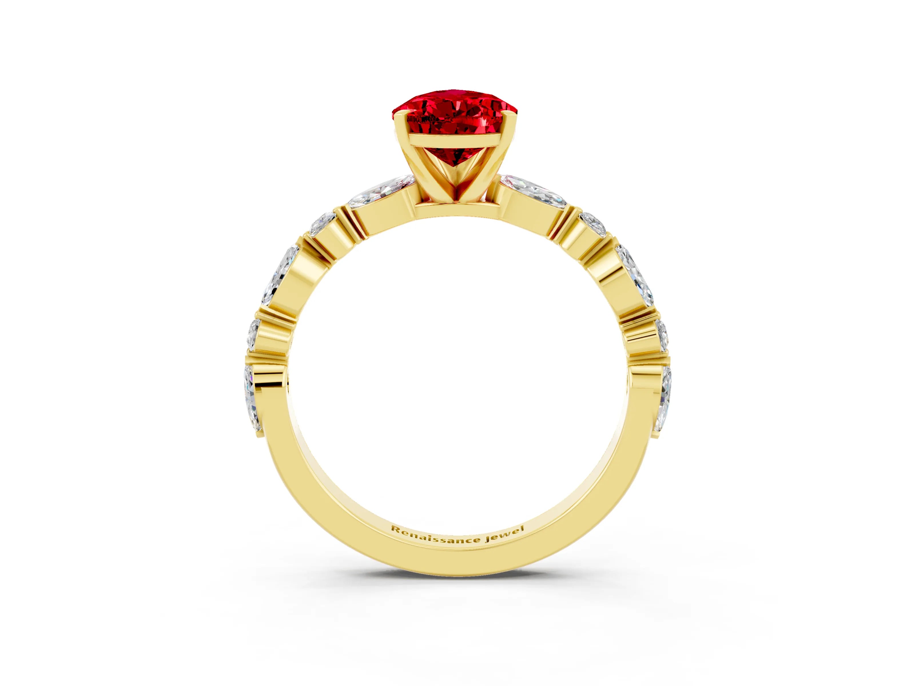 Yellow gold Pear Cut Ruby Solitaire with Side Stones on a Pavé Band and Four-Prong Setting_3