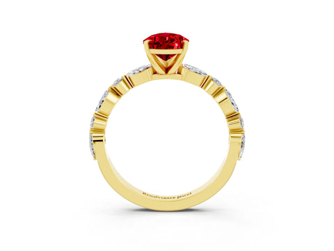 Yellow gold Pear Cut Ruby Solitaire with Side Stones on a Pavé Band and Four-Prong Setting_3