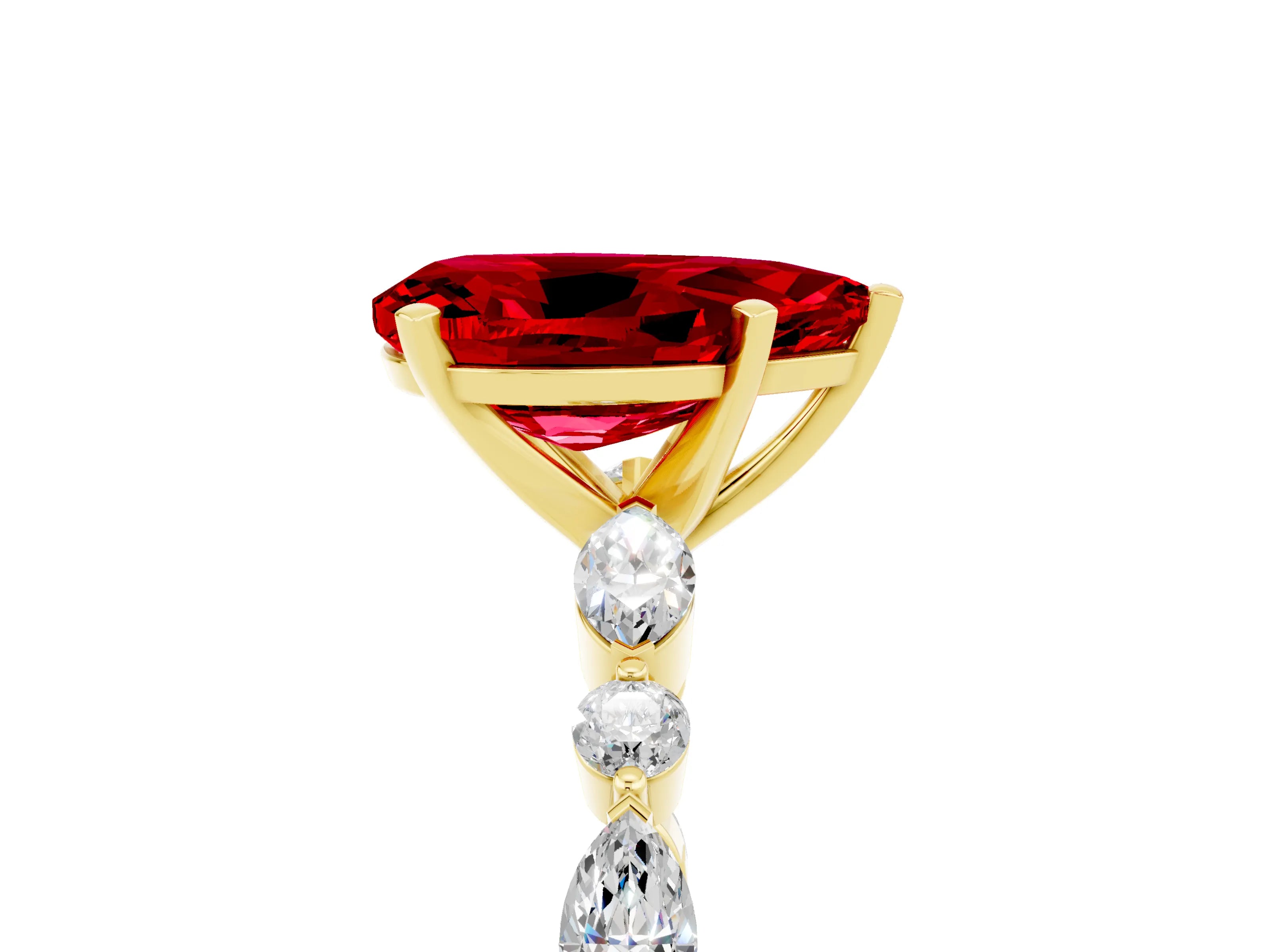 Yellow gold Pear Cut Ruby Solitaire with Side Stones on a Pavé Band and Four-Prong Setting_5