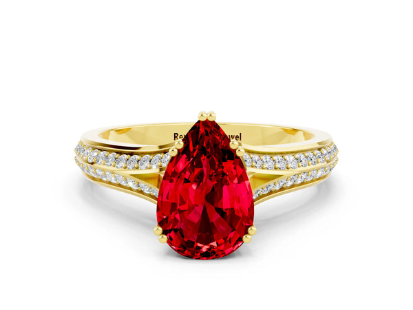 Yellow gold Pear Cut Ruby Split Shank Engagement Ring with Pavé Band