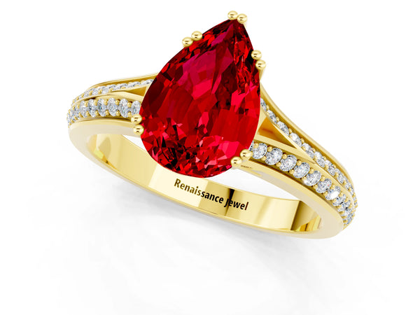 Yellow gold Pear Cut Ruby Split Shank Engagement Ring with Pavé Band