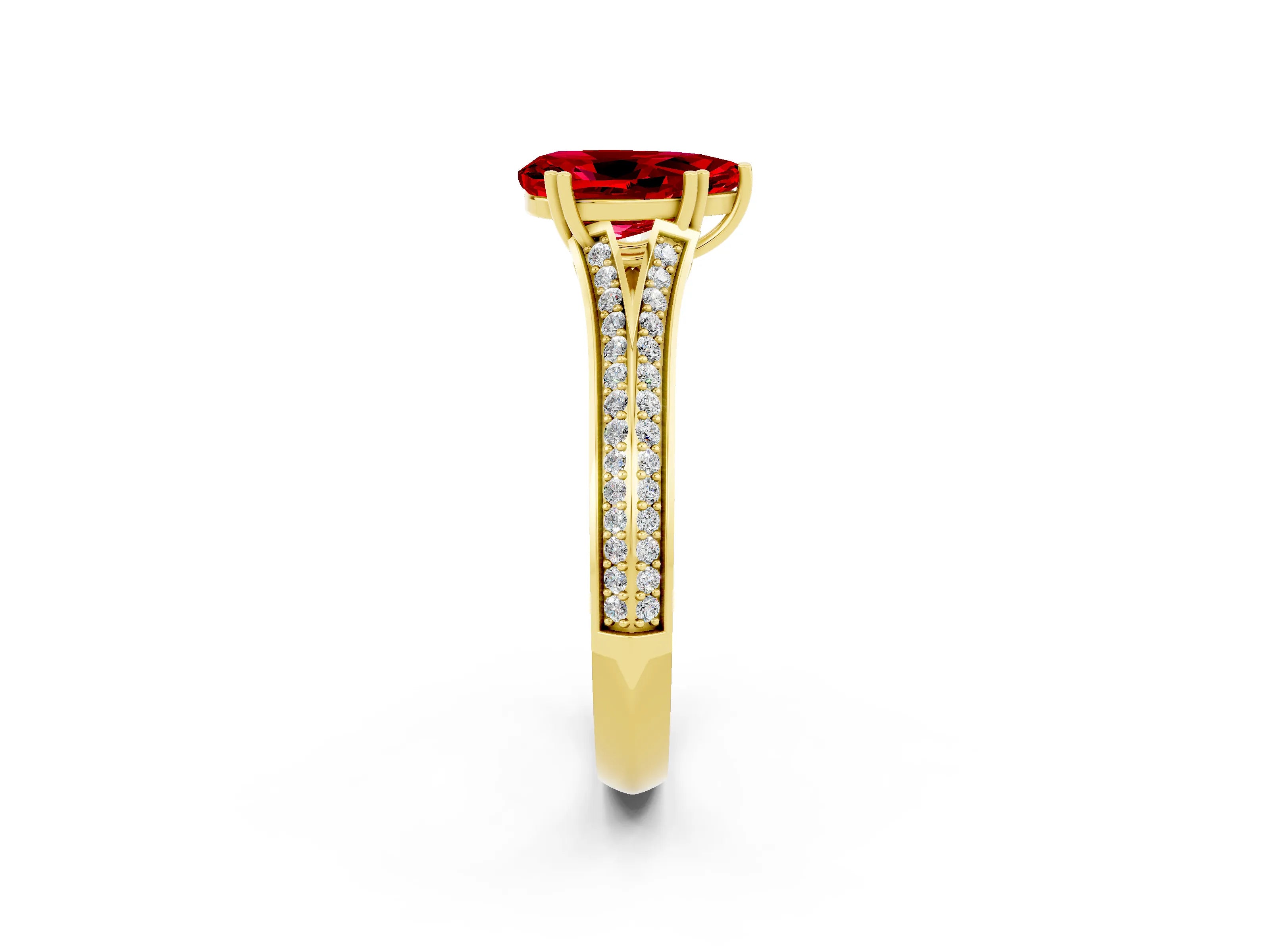 Yellow gold Pear Cut Ruby Split Shank Engagement Ring with Pavé Band_2