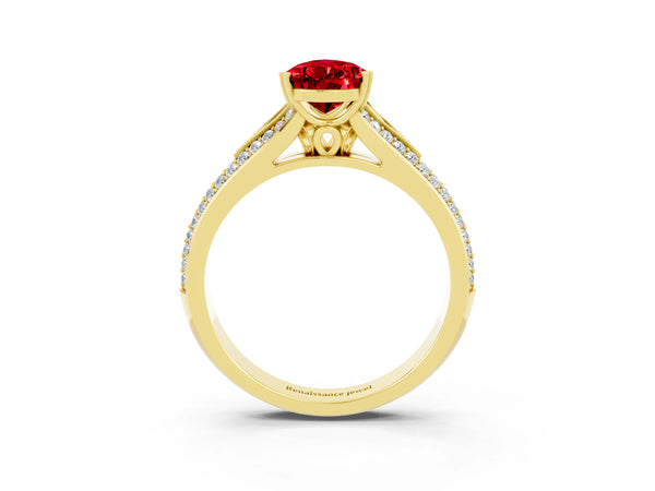 Yellow gold Pear Cut Ruby Split Shank Engagement Ring with Pavé Band