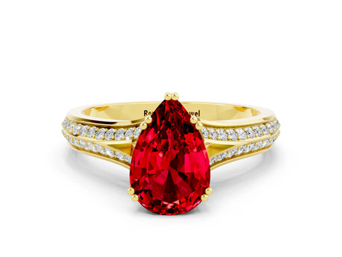 Yellow gold Pear Cut Ruby Split Shank Engagement Ring with Pavé Band