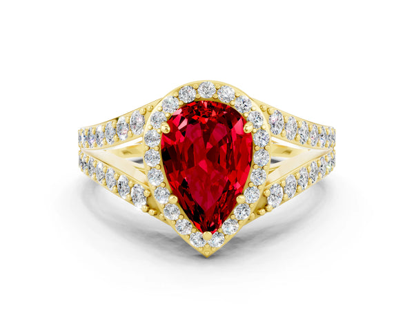 Yellow gold Pear Cut Ruby Split Shank Halo Ring with Four-Prong Setting