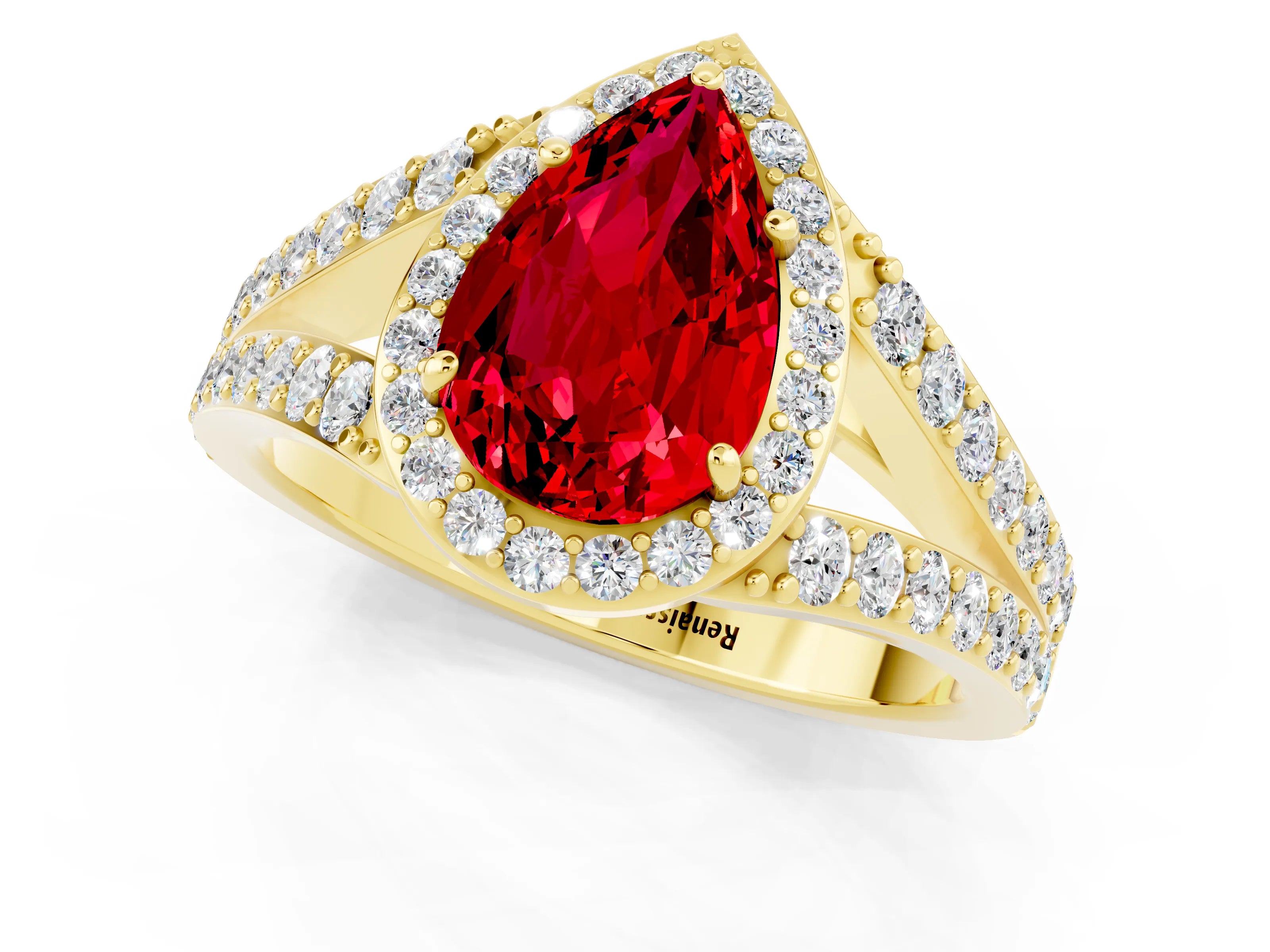 Yellow gold Pear Cut Ruby Split Shank Halo Ring with Four-Prong Setting_13