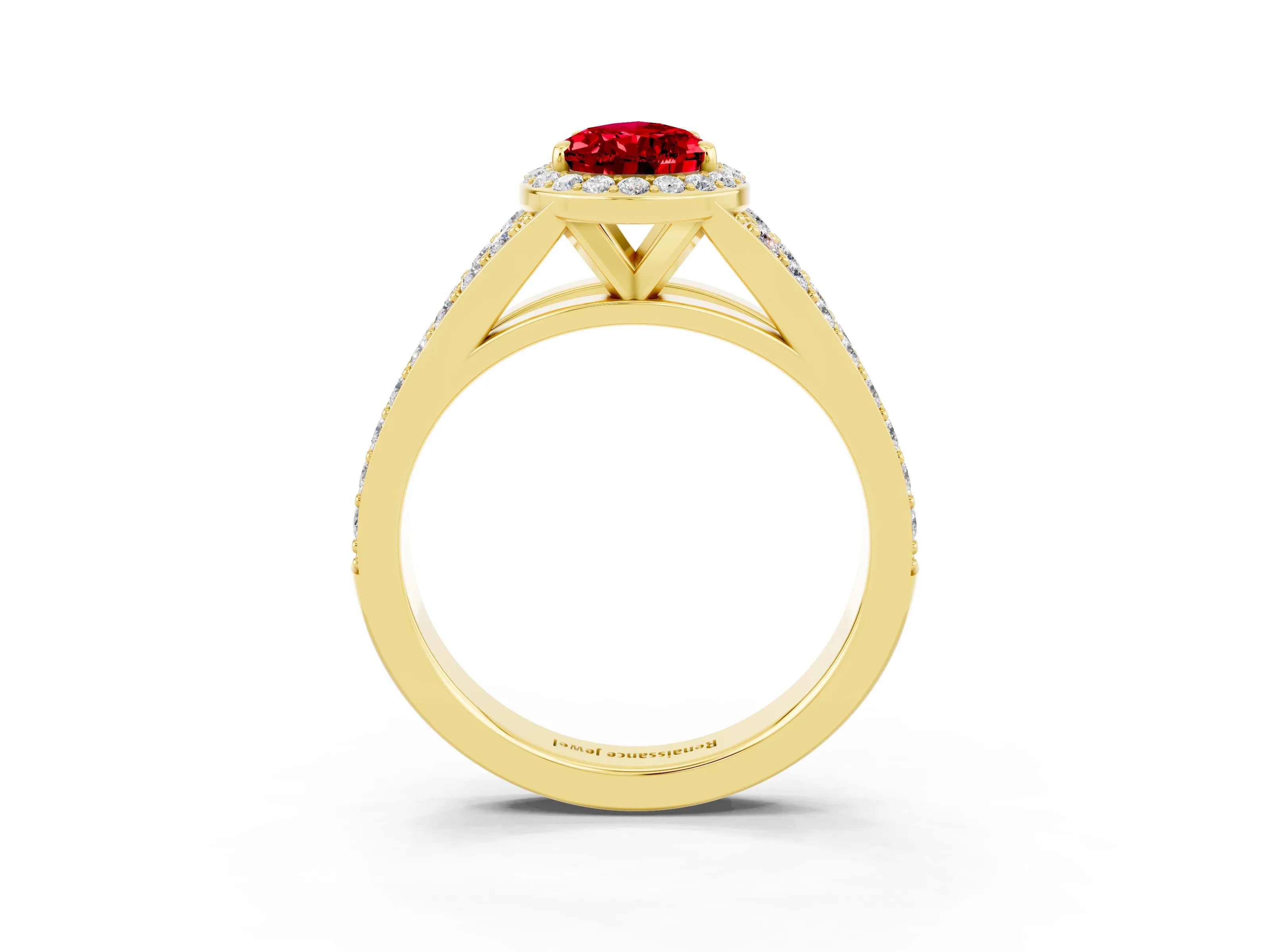 Yellow gold Pear Cut Ruby Split Shank Halo Ring with Four-Prong Setting_15