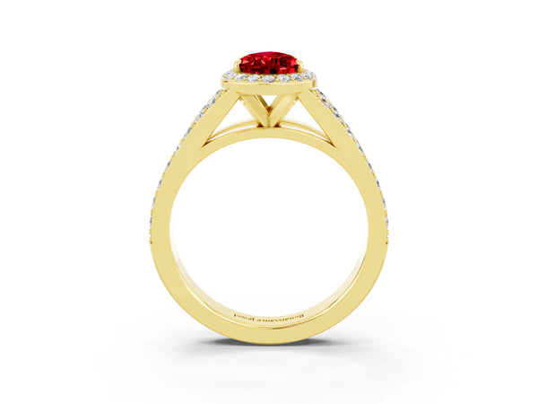 Yellow gold Pear Cut Ruby Split Shank Halo Ring with Four-Prong Setting