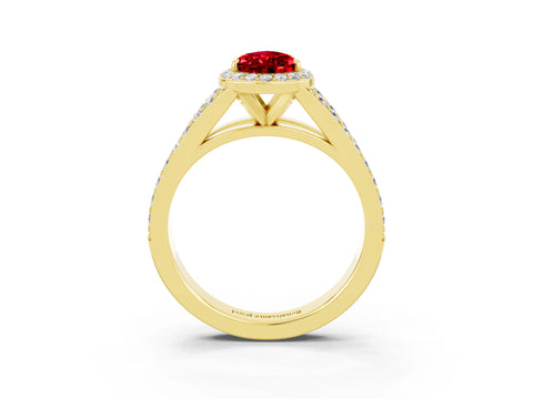 Yellow gold Pear Cut Ruby Split Shank Halo Ring with Four-Prong Setting_15