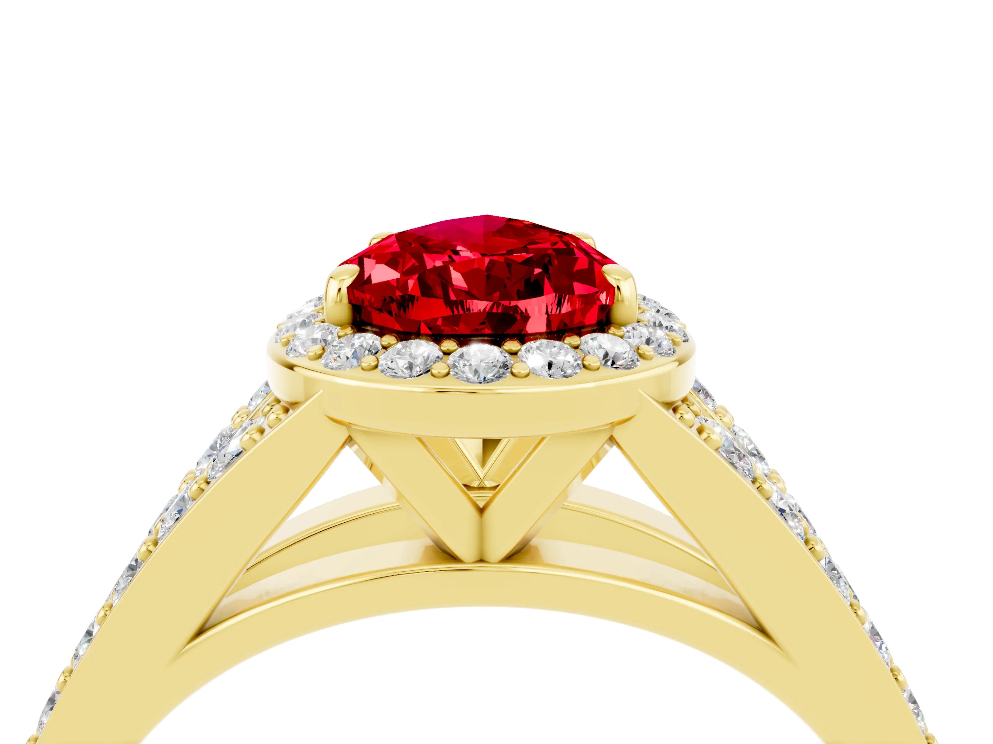 Yellow gold Pear Cut Ruby Split Shank Halo Ring with Four-Prong Setting_16