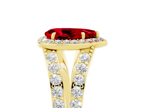Yellow gold Pear Cut Ruby Split Shank Halo Ring with Four-Prong Setting_17