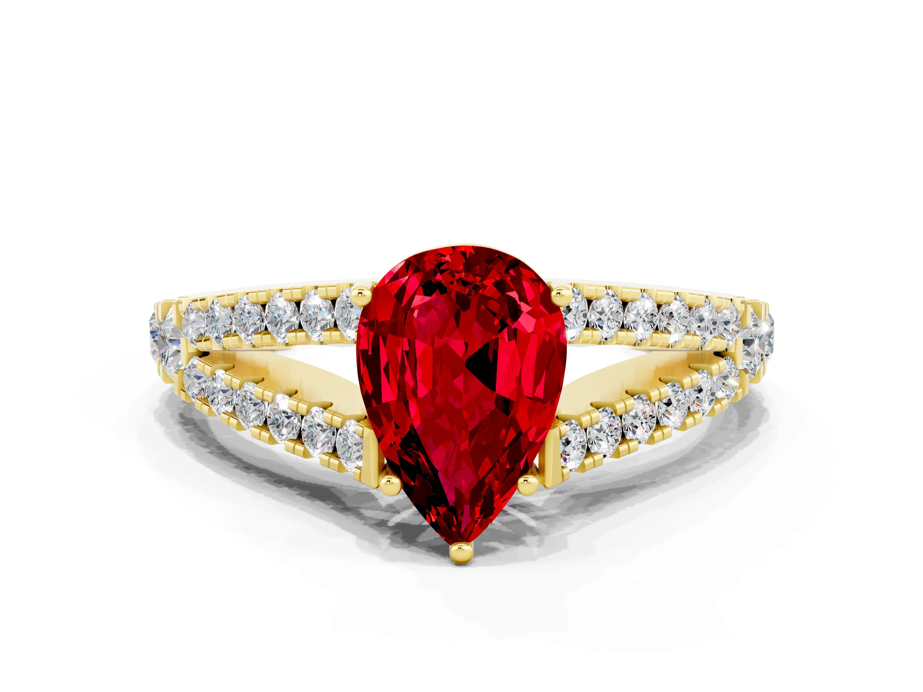 Yellow gold Pear Cut Ruby Split Shank Pavé Engagement Ring with Four-Prong Setting_12