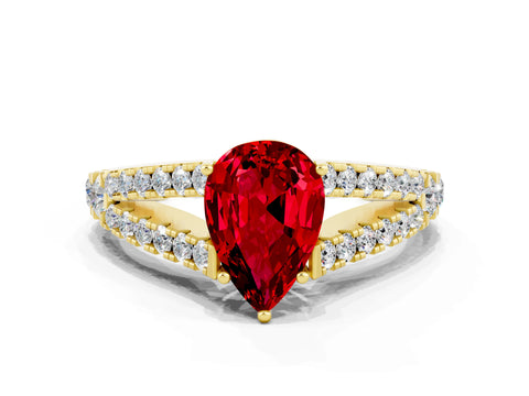 Yellow gold Pear Cut Ruby Split Shank Pavé Engagement Ring with Four-Prong Setting_12