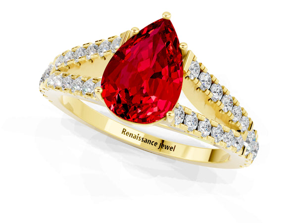 Yellow gold Pear Cut Ruby Split Shank Pavé Engagement Ring with Four-Prong Setting