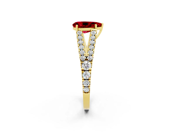 Yellow gold Pear Cut Ruby Split Shank Pavé Engagement Ring with Four-Prong Setting