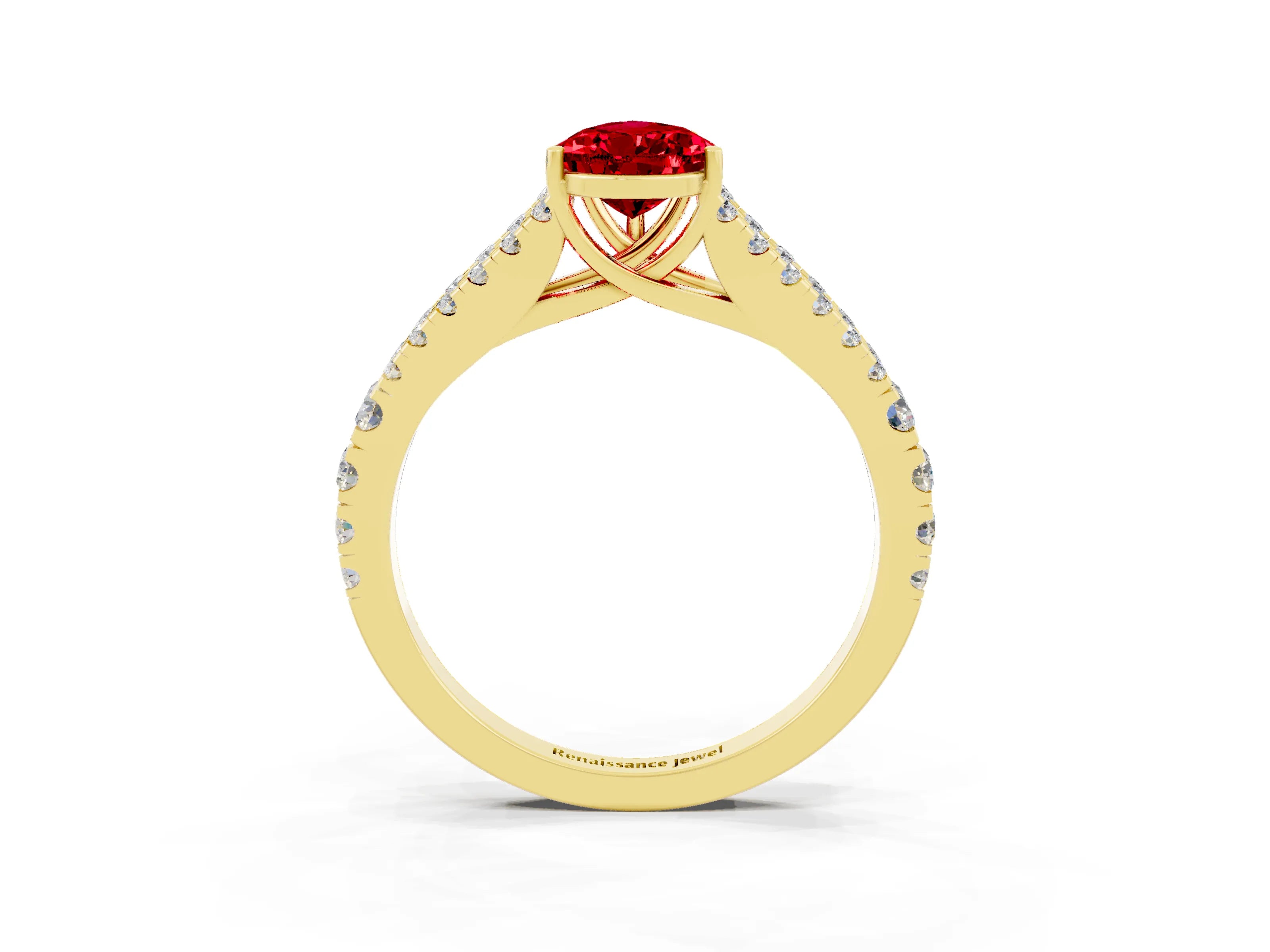 Yellow gold Pear Cut Ruby Split Shank Pavé Engagement Ring with Four-Prong Setting_15