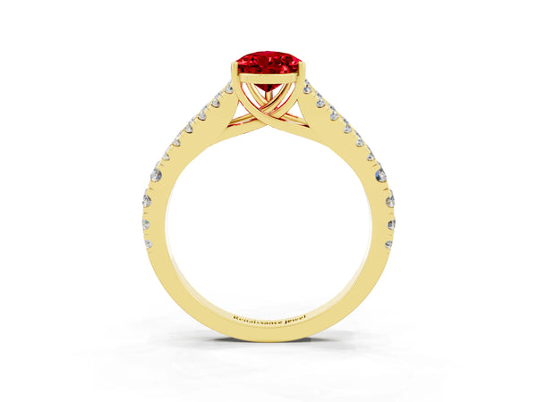 Yellow gold Pear Cut Ruby Split Shank Pavé Engagement Ring with Four-Prong Setting