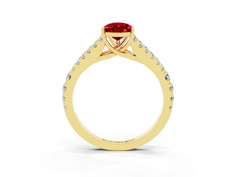 Yellow gold Pear Cut Ruby Split Shank Pavé Engagement Ring with Four-Prong Setting_15