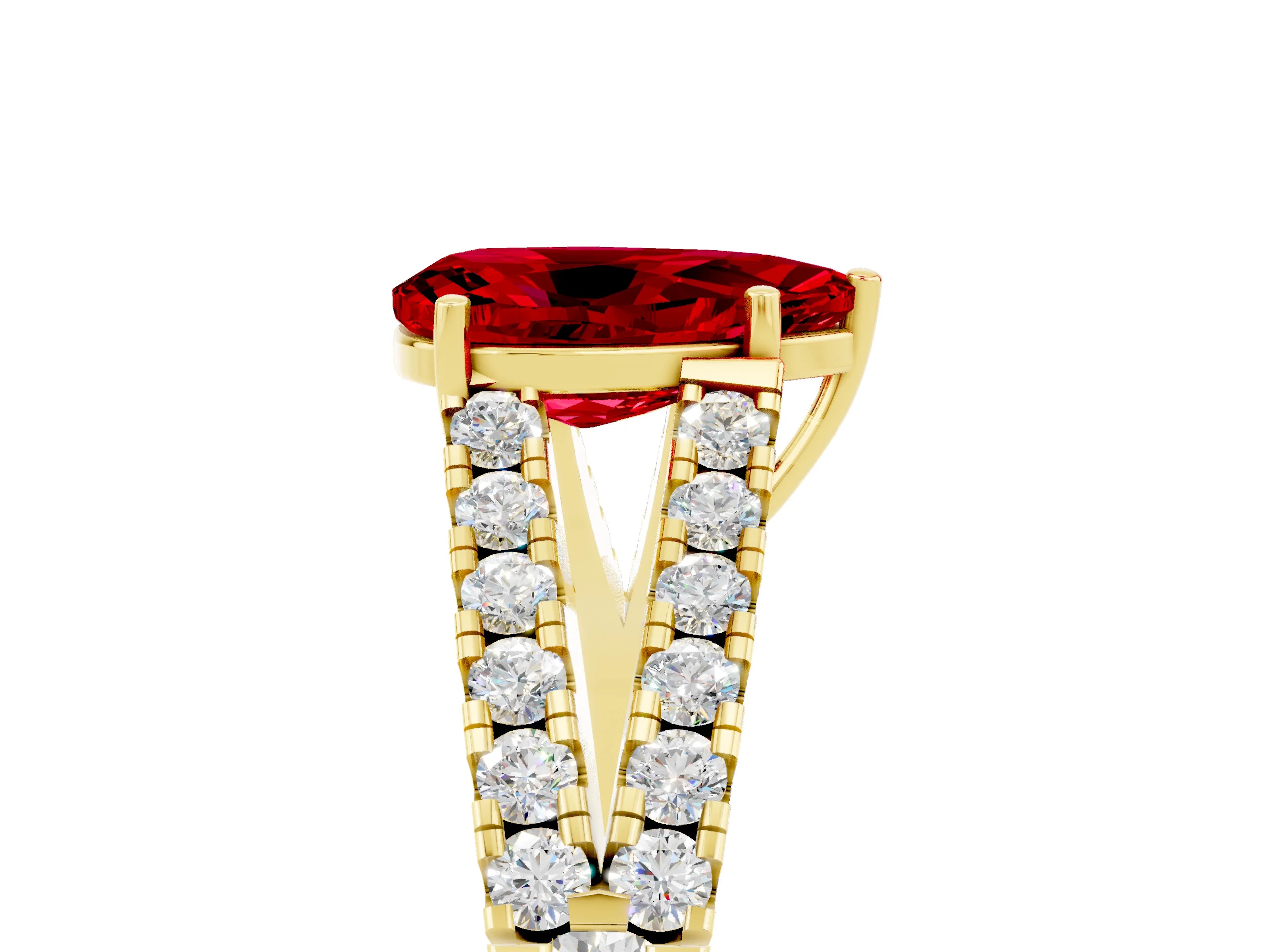 Yellow gold Pear Cut Ruby Split Shank Pavé Engagement Ring with Four-Prong Setting_17