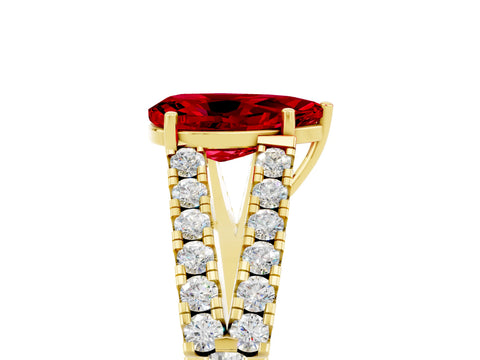 Yellow gold Pear Cut Ruby Split Shank Pavé Engagement Ring with Four-Prong Setting_17