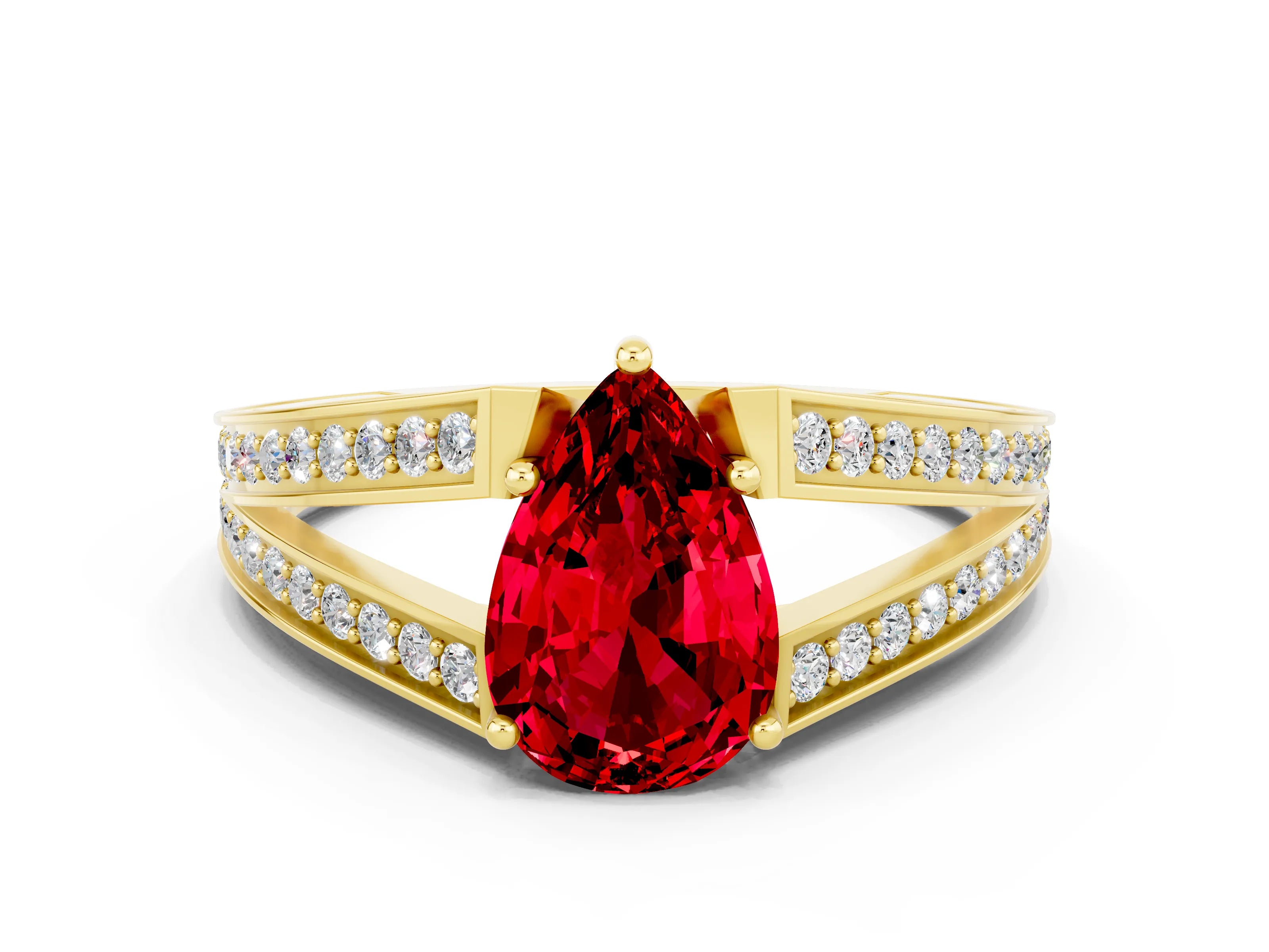 Yellow gold Pear Cut Ruby Split Shank Ring with Pavé Band and Four-Prong Setting